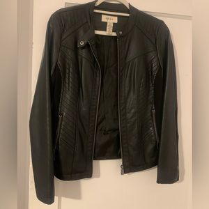 mixed-media jacket from Macy’s. It's sleek and a little edgy with faux-leather.